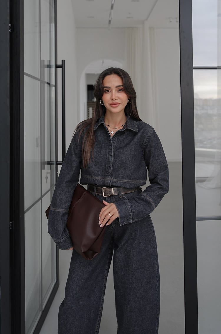 Füme Gizli Düğmeli Fit Denim Ceket