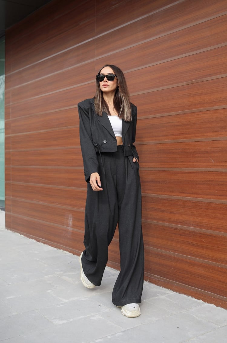 Füme Pantolon Crop Blazer Takım