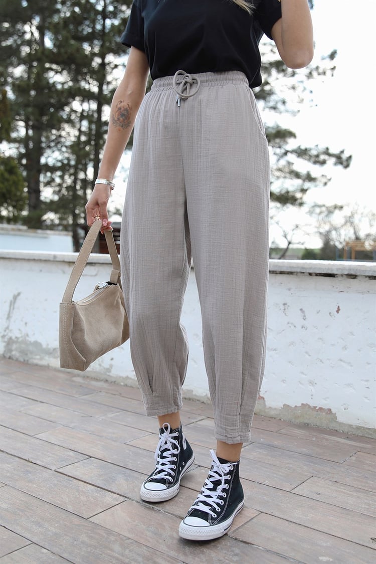 Gri Beli İpli Keten Pantolon
