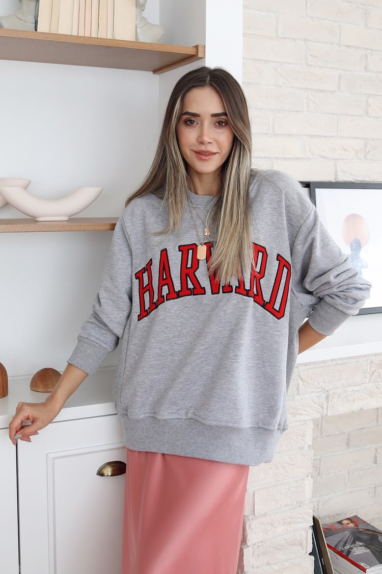 Gri Harvard Yazılı Sweatshirt