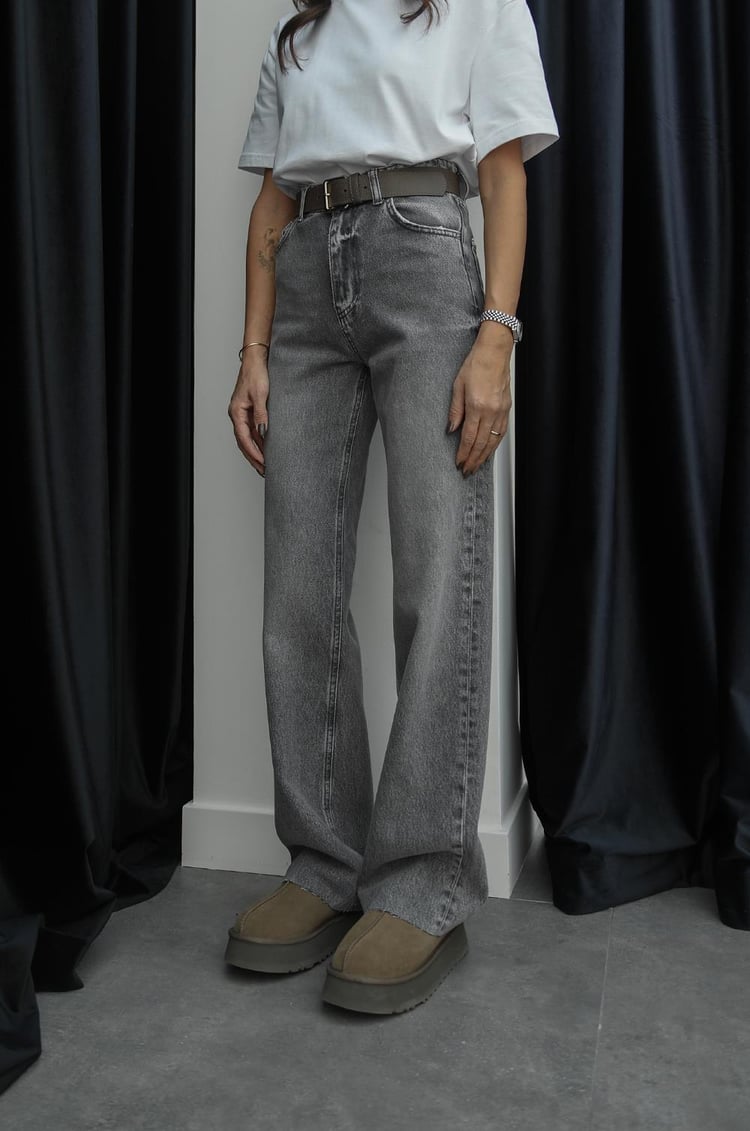 Gri Kar Yıkamalı Wide Leg Jean