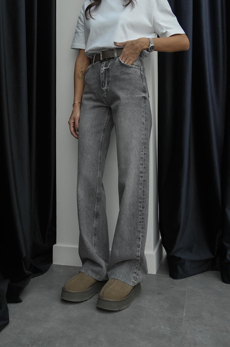 Gri Kar Yıkamalı Wide Leg Jean