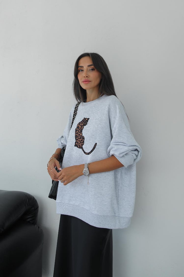 Gri Leopar Nakışlı Sweatshirt
