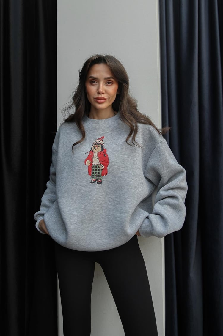 Gri Pijamalı Teddy Baskılı Sweatshirt