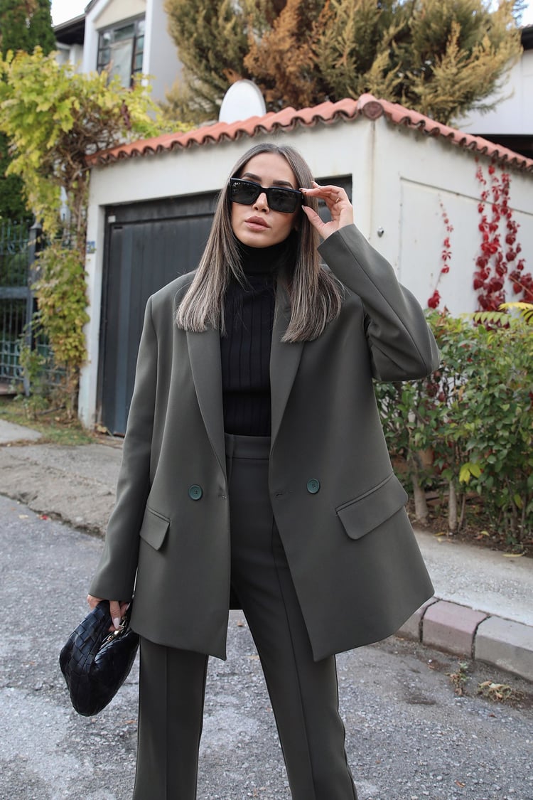 Haki Çift Düğmeli Blazer Ceket