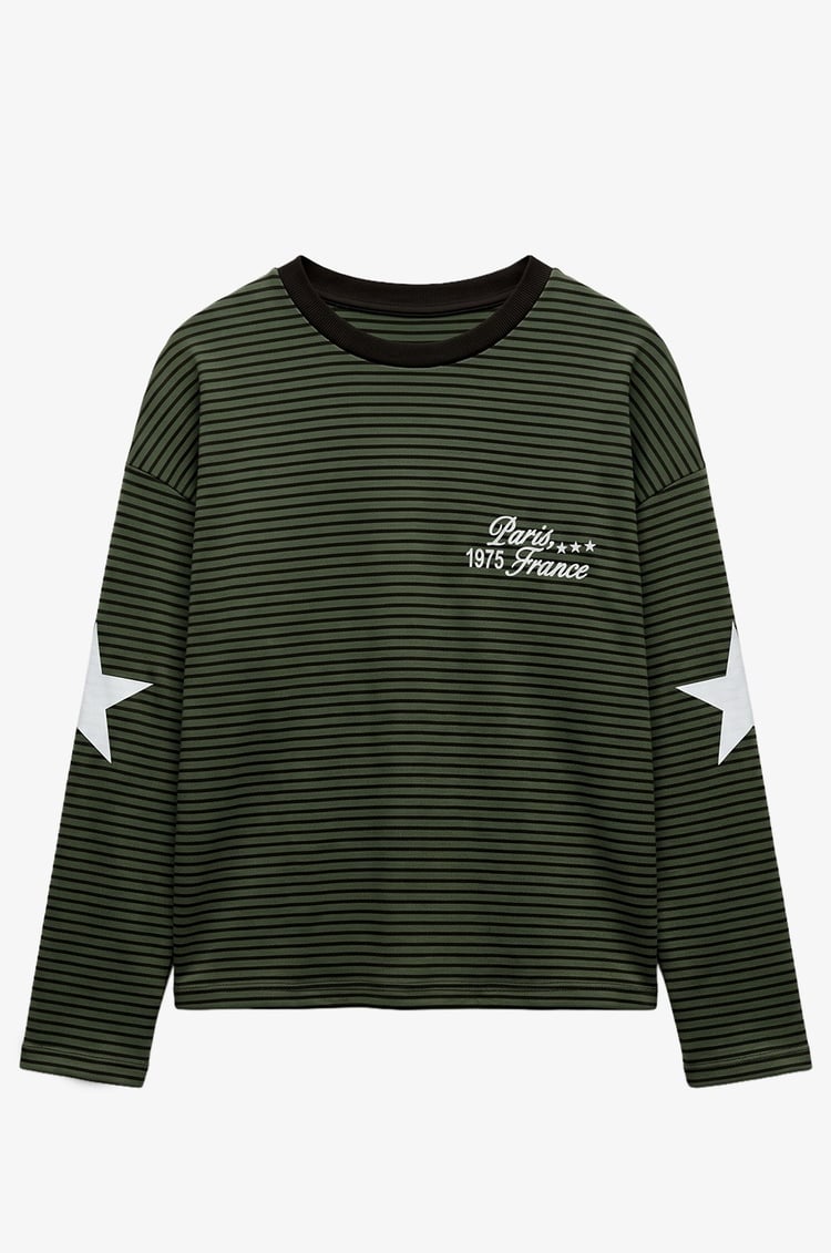 Haki Çizgili Paris France Baskılı Sweatshirt