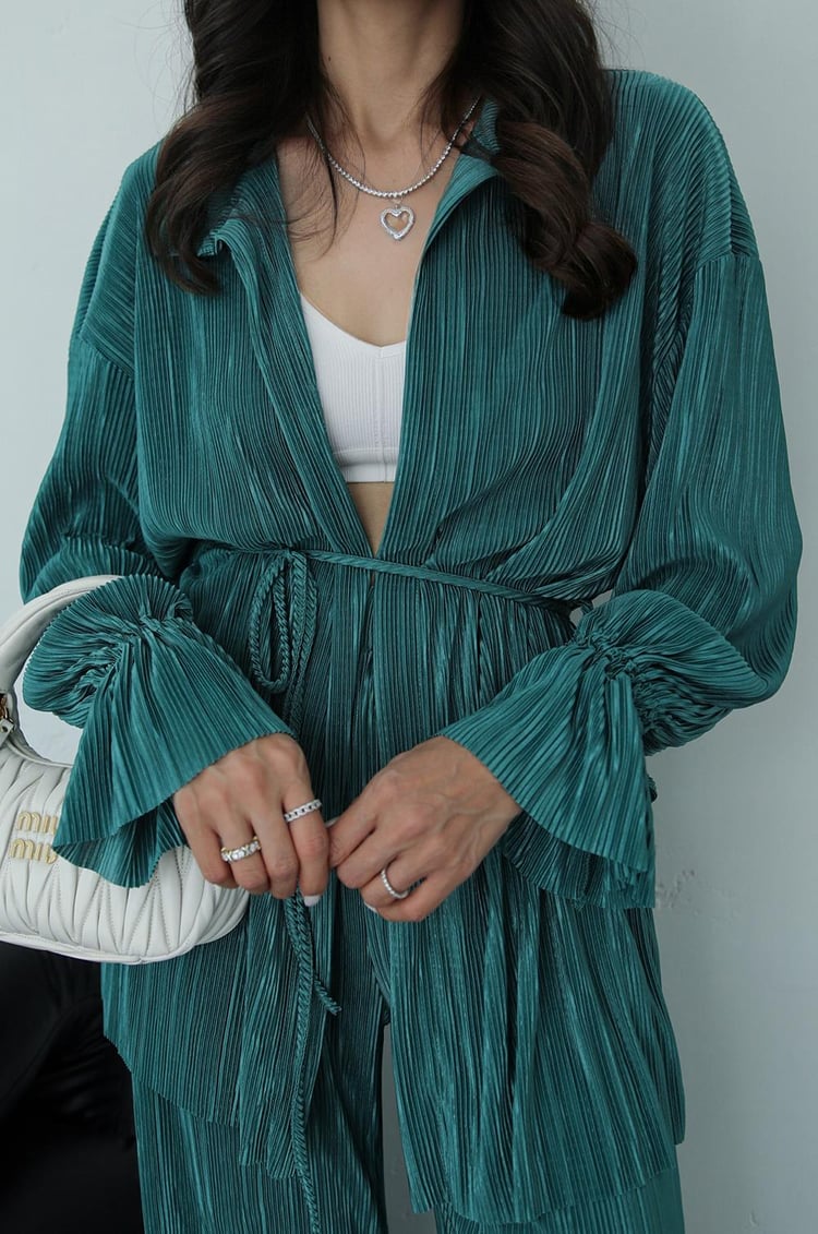 Haki Piliseli Bağlama Detaylı Kimono Pantolon Takım