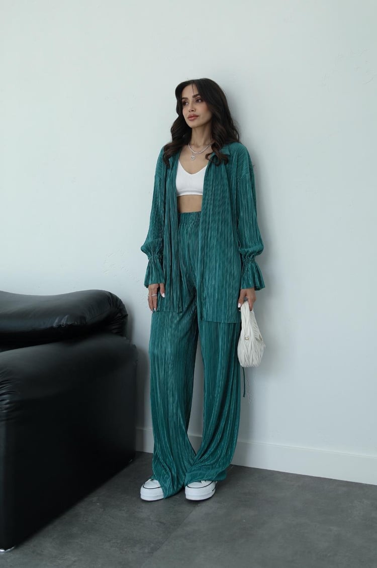 Haki Piliseli Bağlama Detaylı Kimono Pantolon Takım