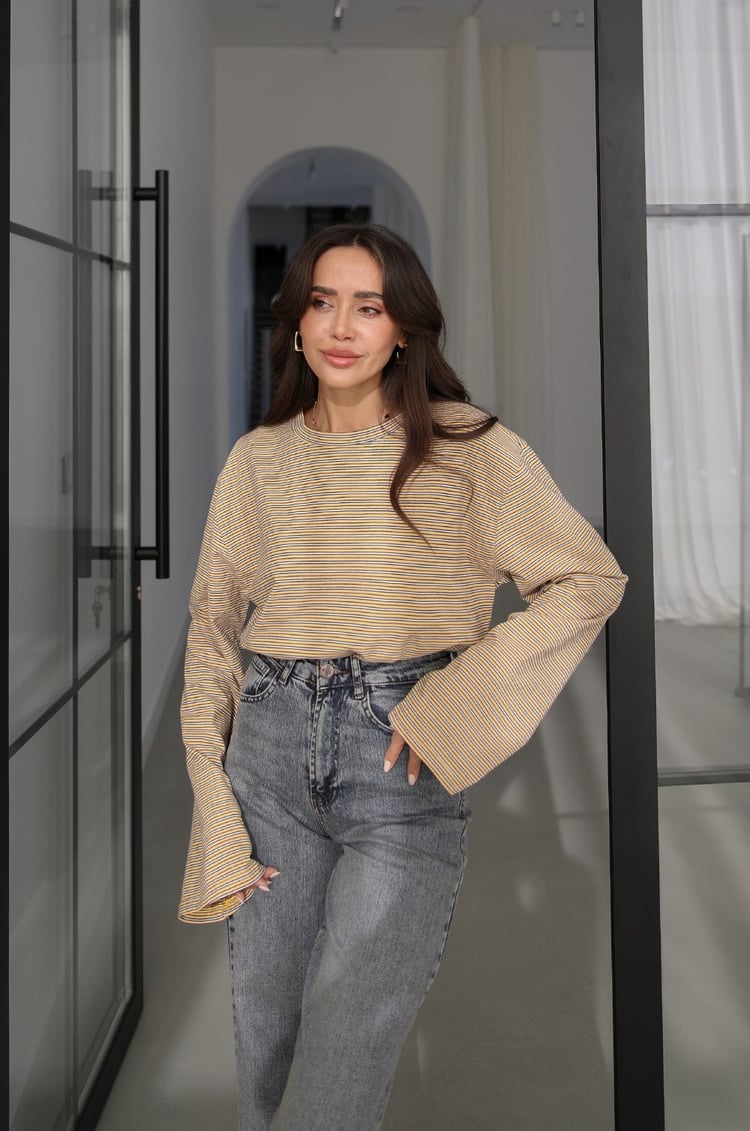 Hardal İnce Çizgili Geniş Kollu Sweatshirt