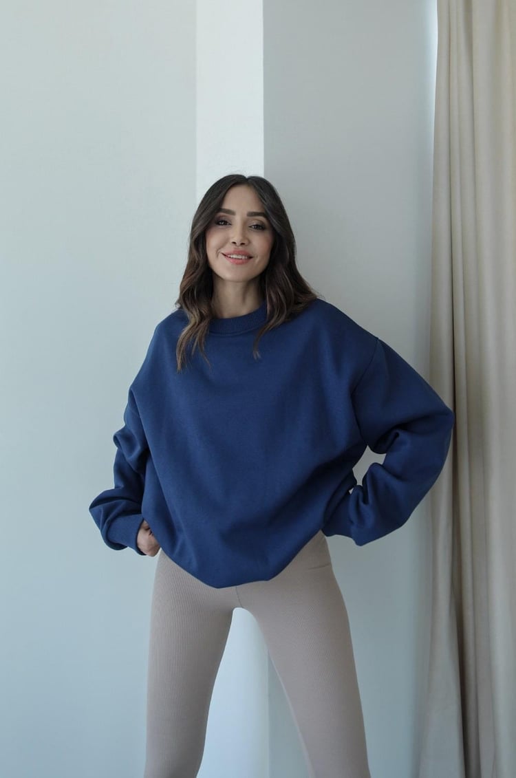 İndigo Bisiklet Yaka Basic Sweatshirt
