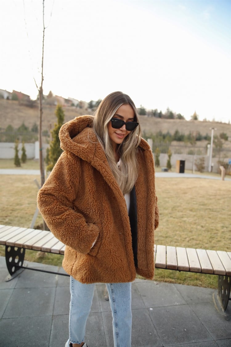 Kahve Kapüşonlu Peluş Mont