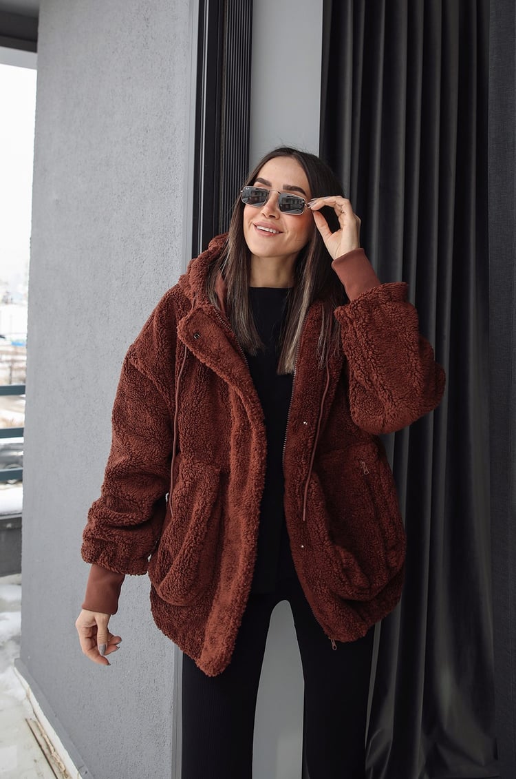 Kahve Önü Cepli Kapüşonlu Peluş Mont
