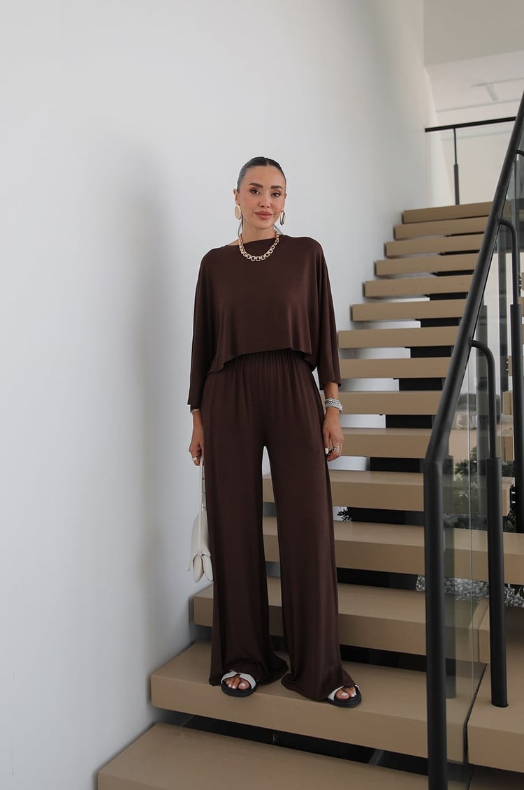 Kahverengi Cora Bluz Pantolon Takım