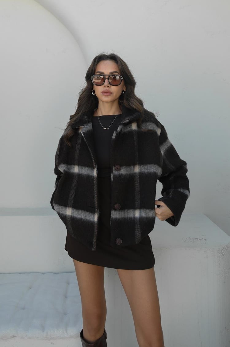 Kahverengi Ekoseli Yün Karışımlı Ceket