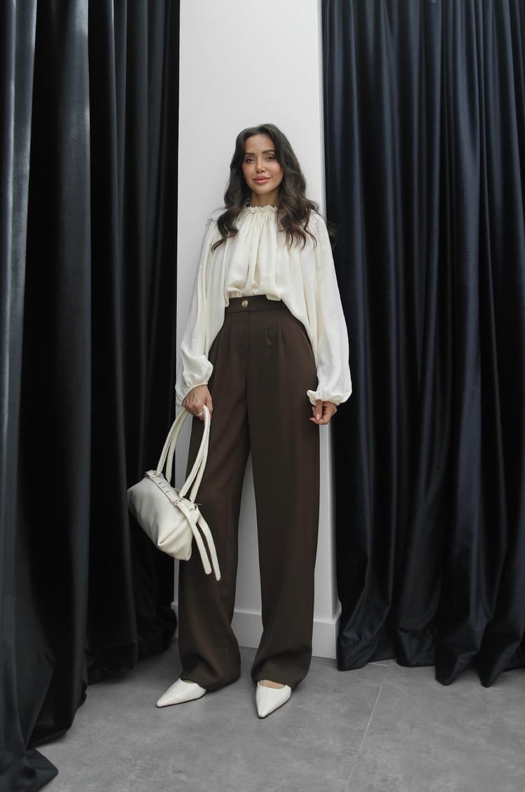 Kahverengi Gold Düğme Detaylı Palazzo Pantolon