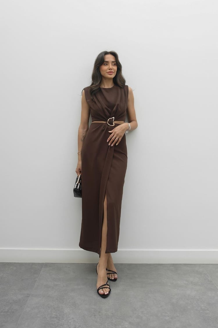 Kahverengi Gold Tokalı Bel Detaylı Elbise