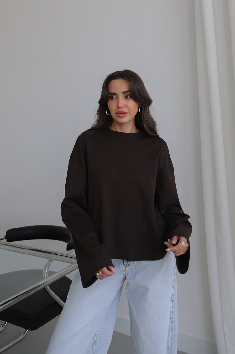 Kahverengi İspanyol Kol Basic Sweatshirt