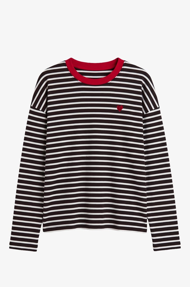 Kahverengi Kalp İşlemeli Çizgili Sweatshirt