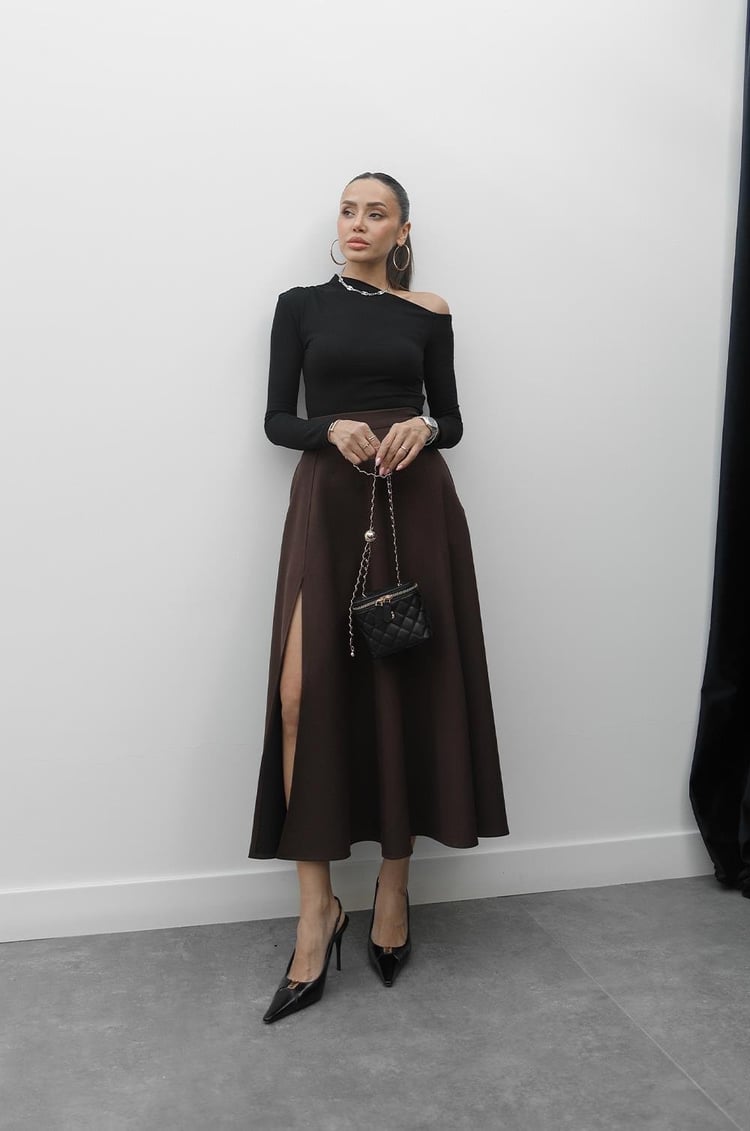 Kahverengi Mitte Yırtmaçlı Etek