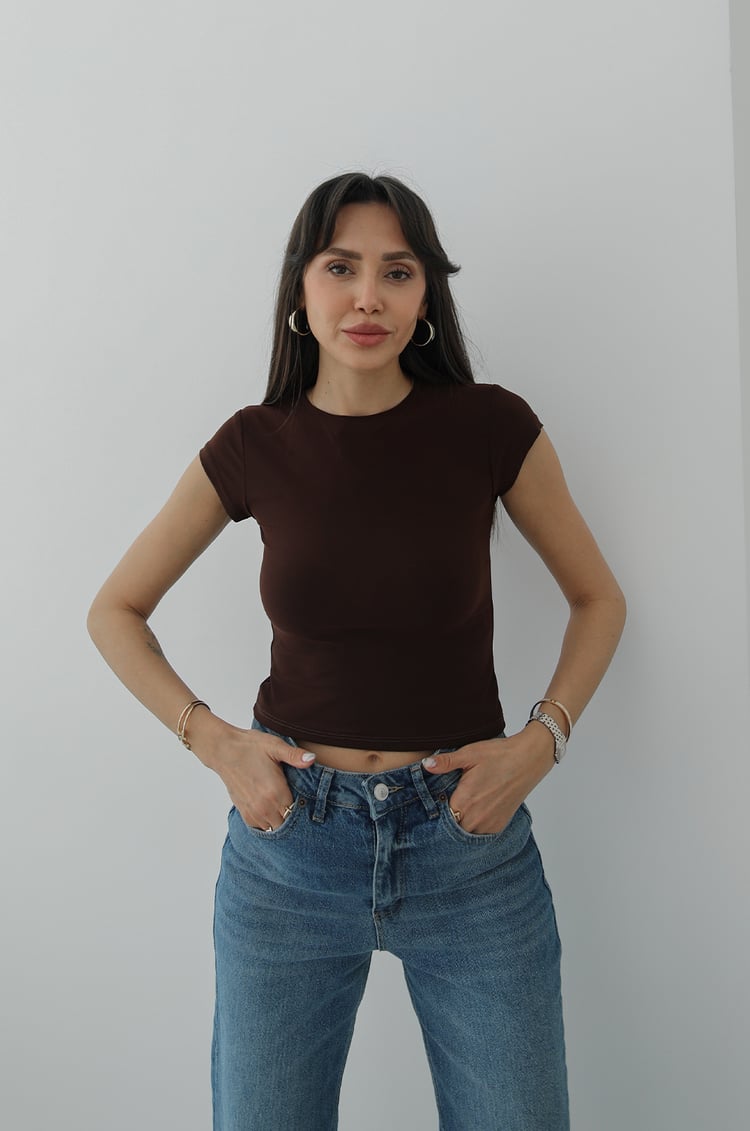 Kahverengi Raye Kısa Kollu Basic Bluz