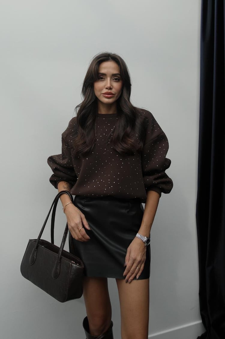 Kahverengi Taş Detaylı Sweatshirt