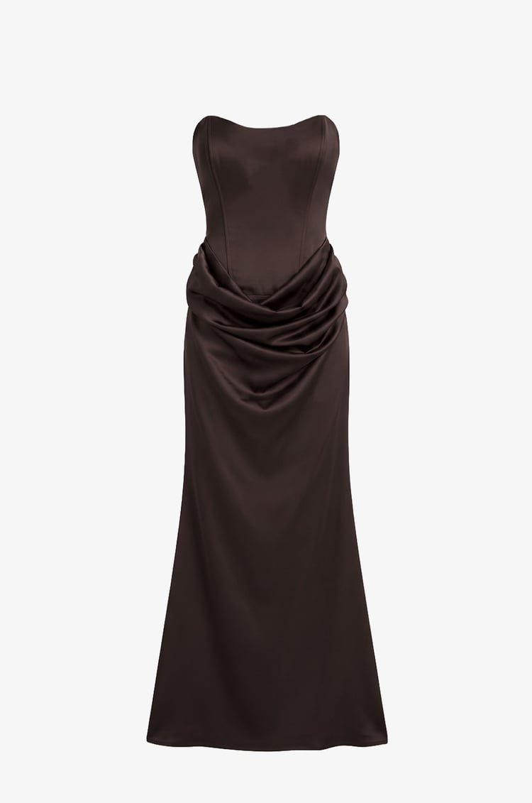 Kahverengi Vesper Drape Detaylı Straplez Elbise
