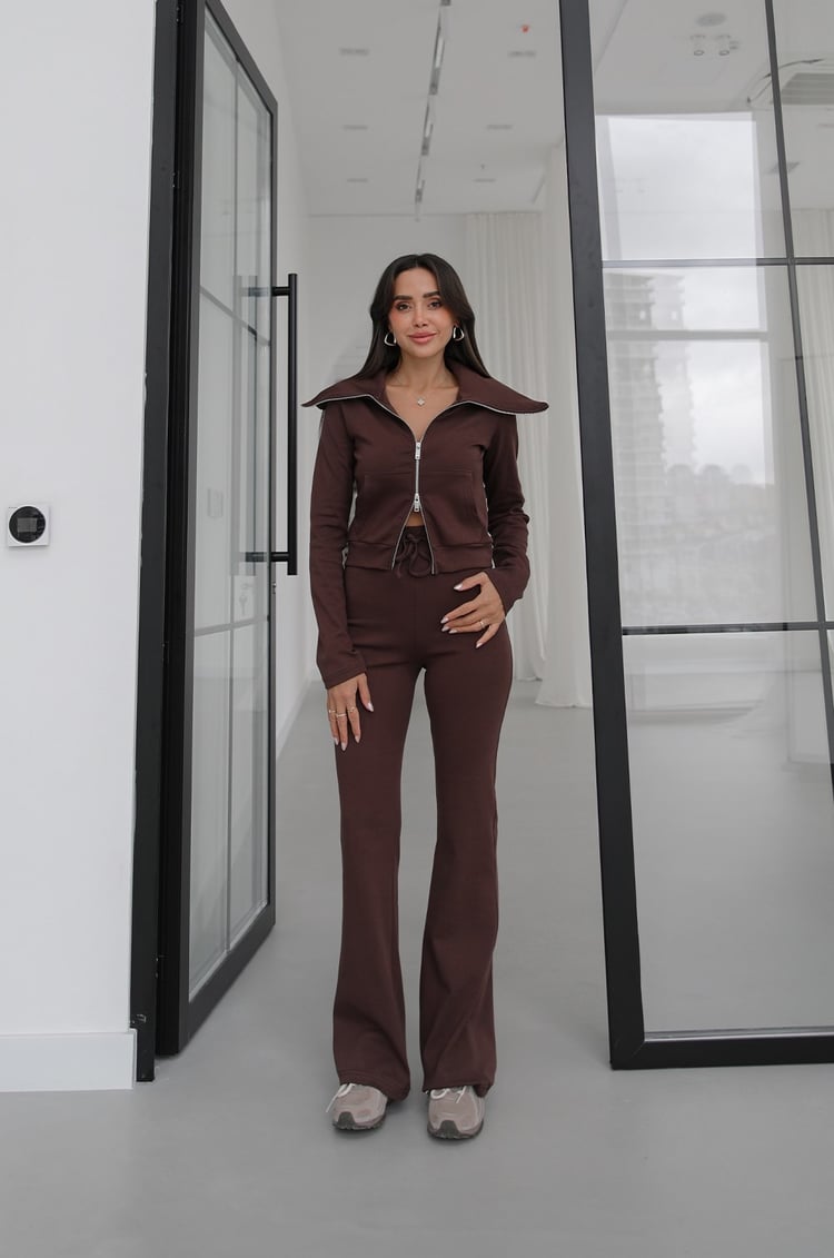Kahverengi Zipper Geniş Yaka Çift Fermuarlı Eşofman Takım