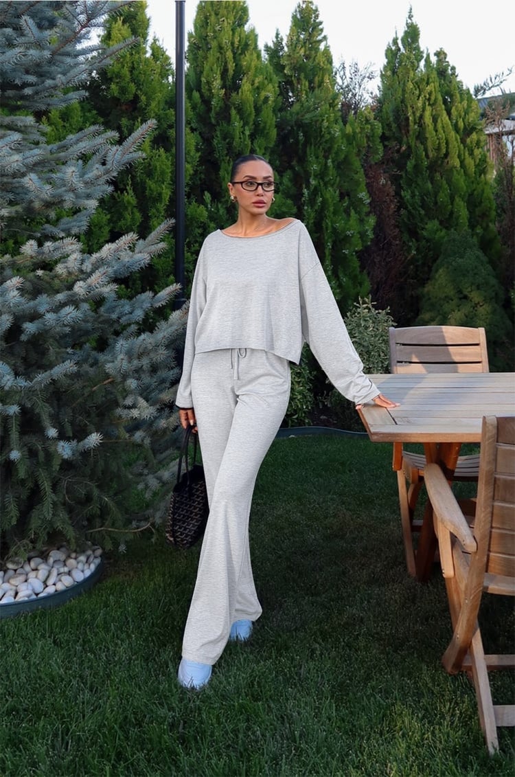 Karmelanj Düşük Omuz Oversize Bluz Pantolon Takım 