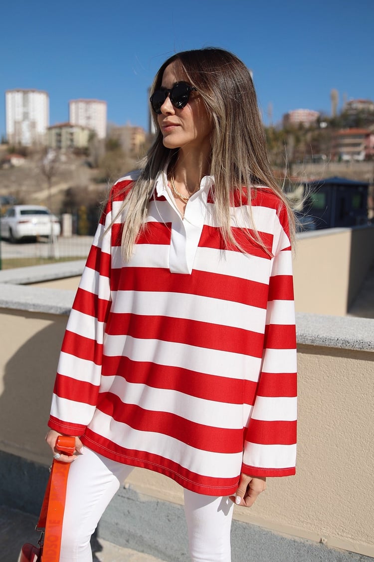 Kırmızı Çizgili Polo Yaka Sweatshirt