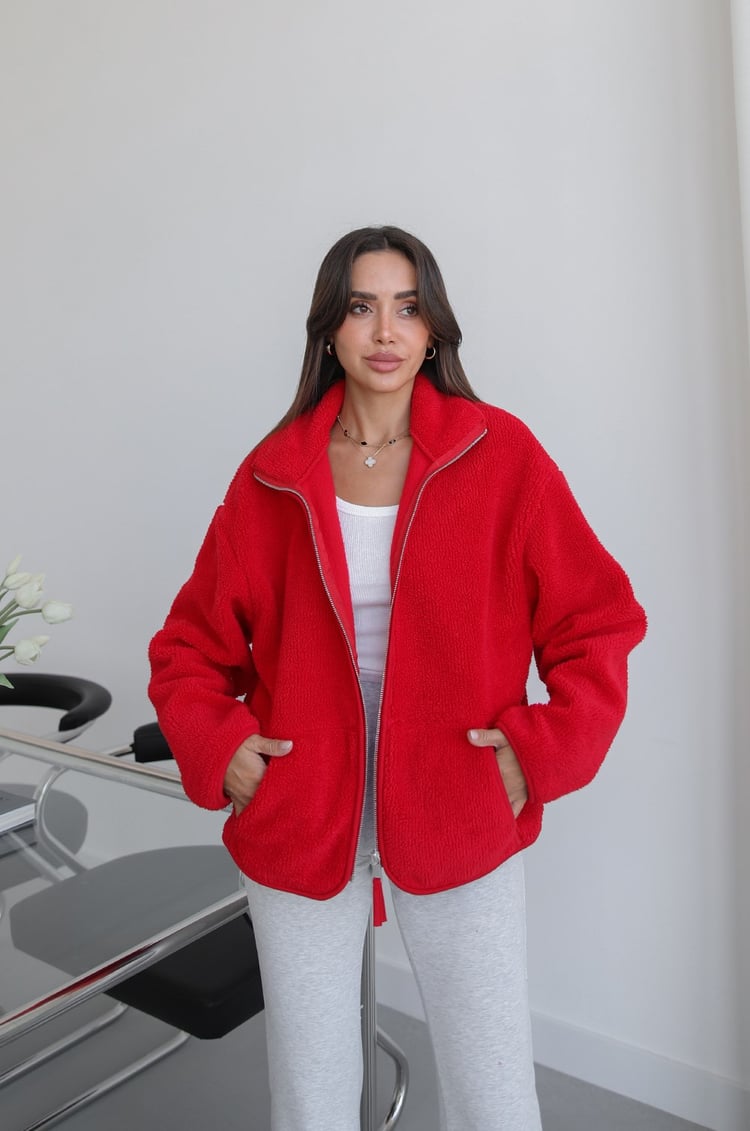 Kırmızı Fermuarlı Polar Ceket
