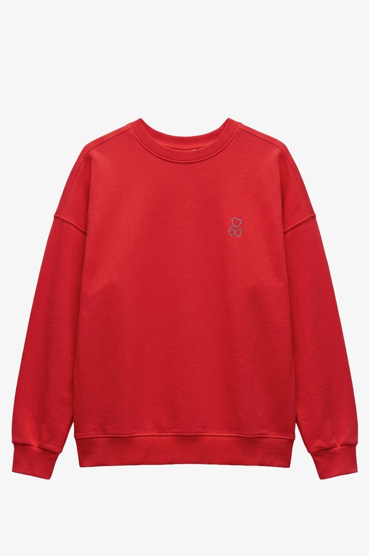 Kırmızı Göğüsü Mini Taşlı Sweatshirt