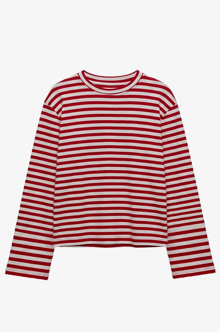 Kırmızı İnce Çizgili Geniş Kollu Sweatshirt