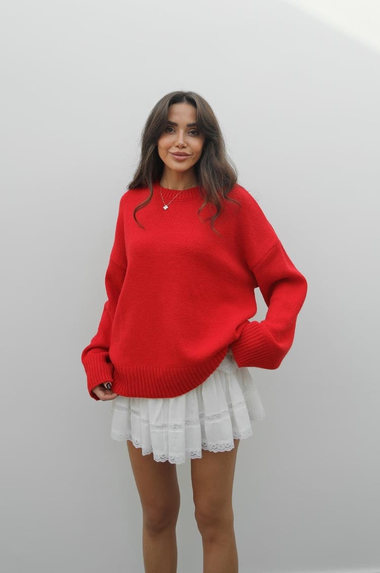 Kırmızı Mary Bisiklet Yaka Oversize Triko Kazak