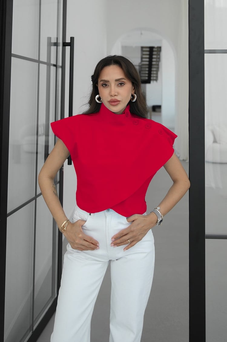 Kırmızı Omuz Düğme Detaylı Crop Gömlek