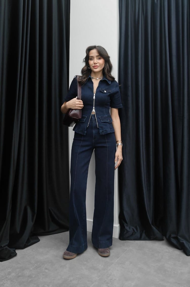 Koyu Mavi Fermuarlı Gömlek Pantolon Denim Takım