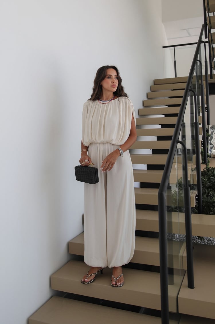 Krem Dökümlü Bluz Pantolon Takım
