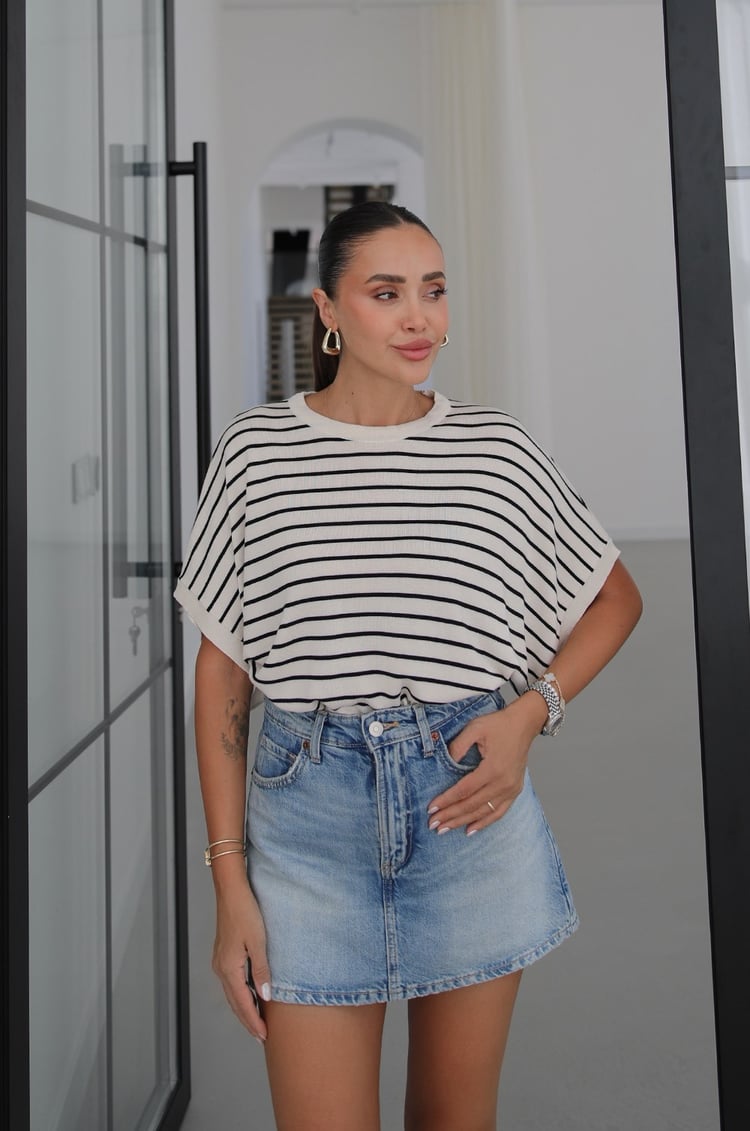 Krem Rengi Casey Kısa Kolu Çizgili Triko