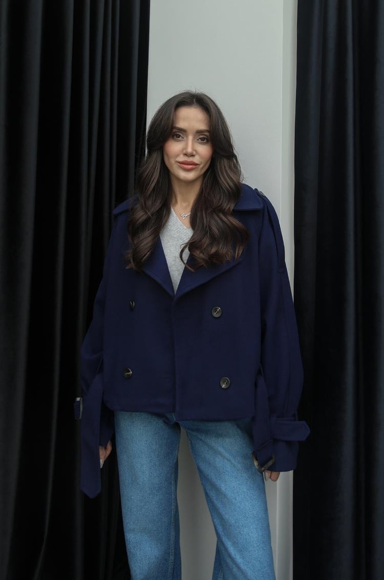 Lacivert Altı Kemerli Kısa Kaşe Kaban