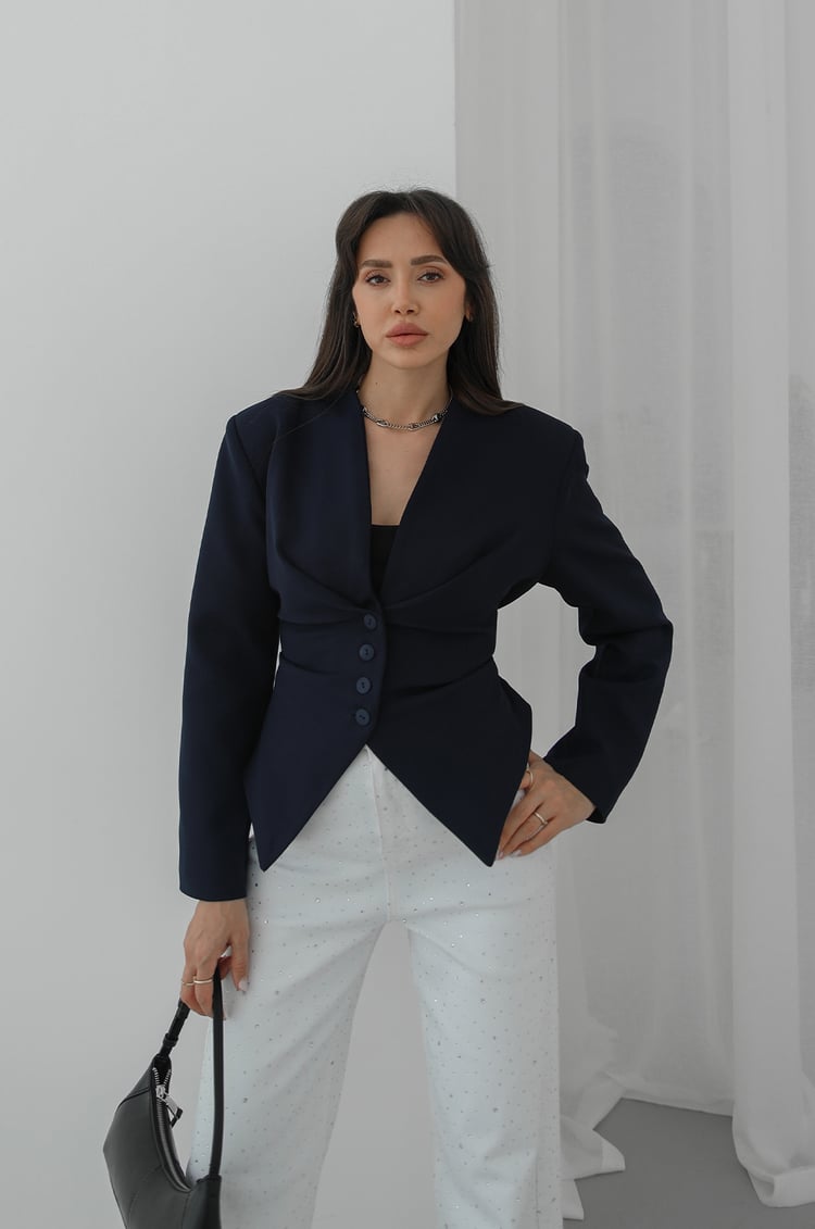 Lacivert Arkası Bağlama Detaylı Blazer Ceket