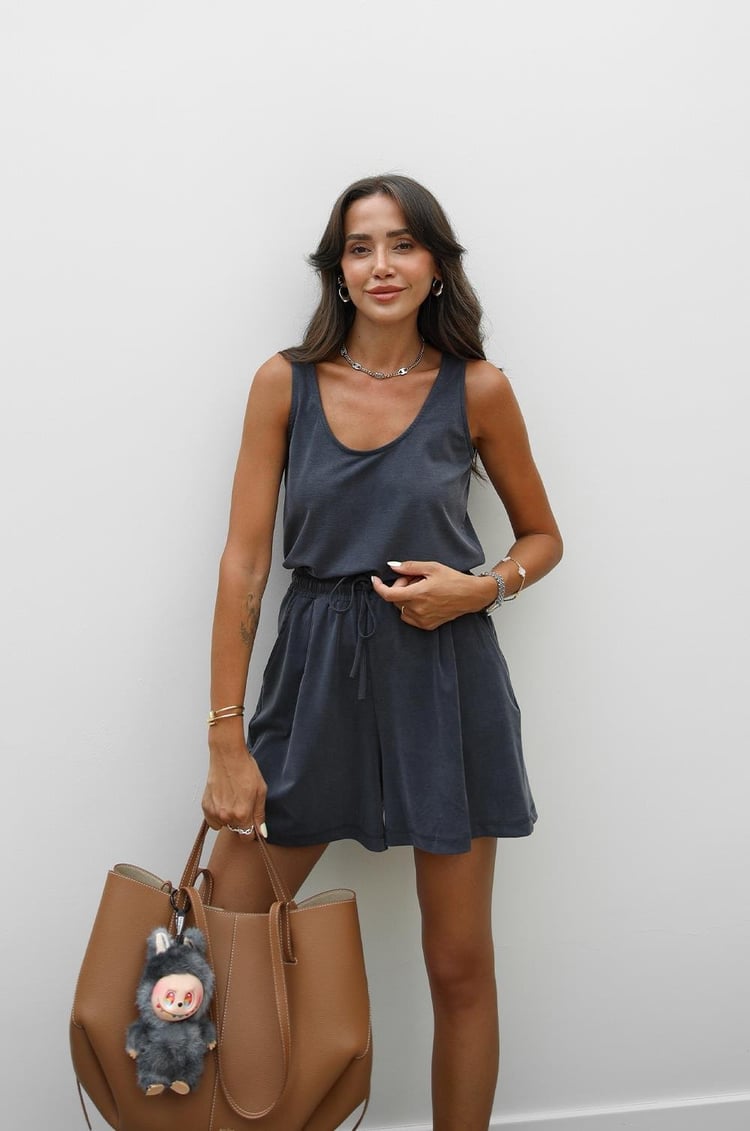 Lacivert Askılı Bluz Şort Modal Takım