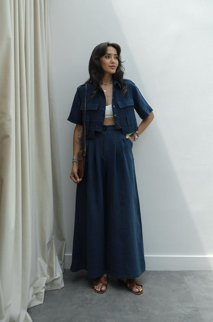 Lacivert Beli Çift Düğmeli Keten Pantolon