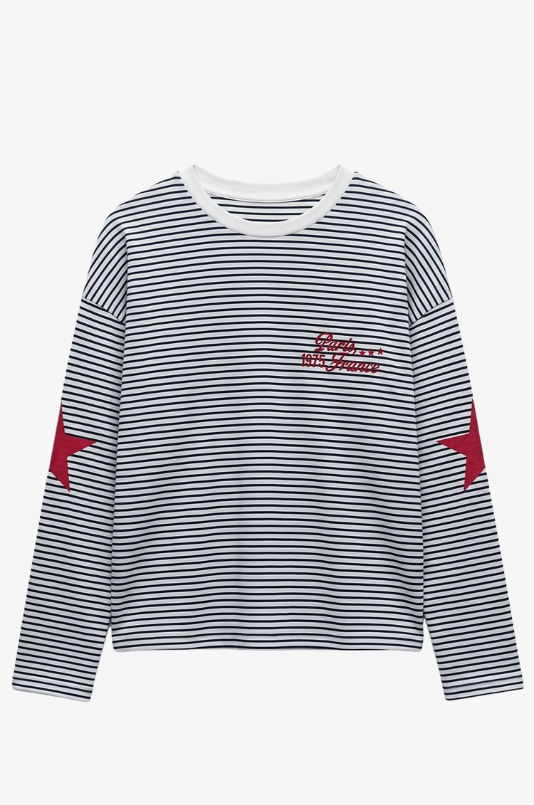 Lacivert Çizgili Paris France Baskılı Sweatshirt