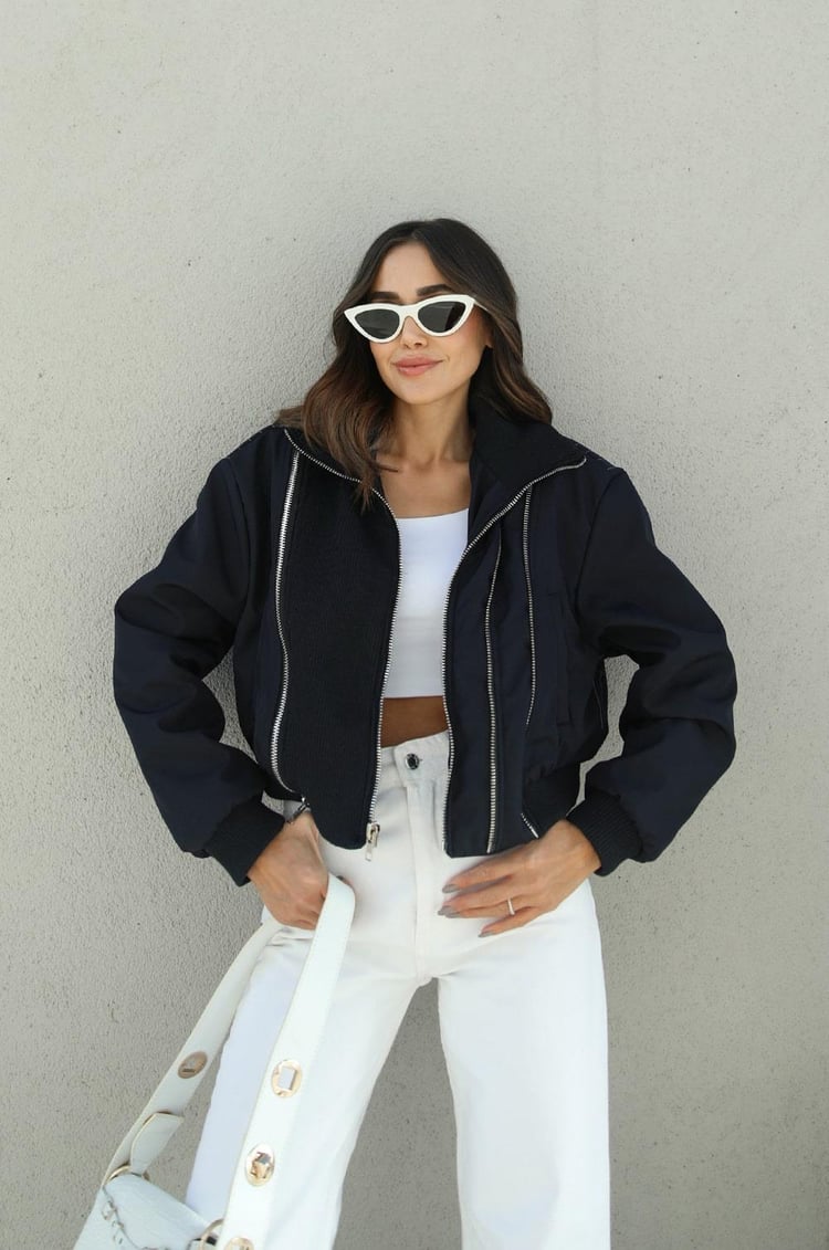 Lacivert Fermuar Detaylı Kontrast Bomber Ceket