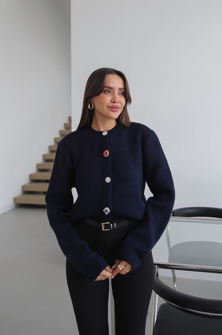 Lacivert Mücevher Düğmeli Hırka