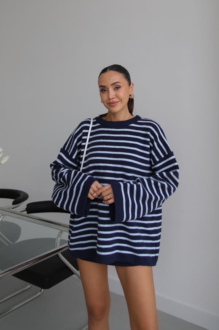 Lacivert Noyan Oversize Çizgili Triko Kazak