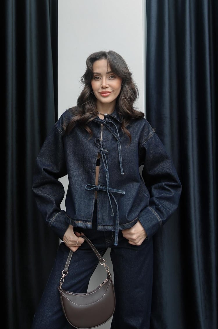 Lacivert Önü Bağlamalı Denim Bluz Ceket