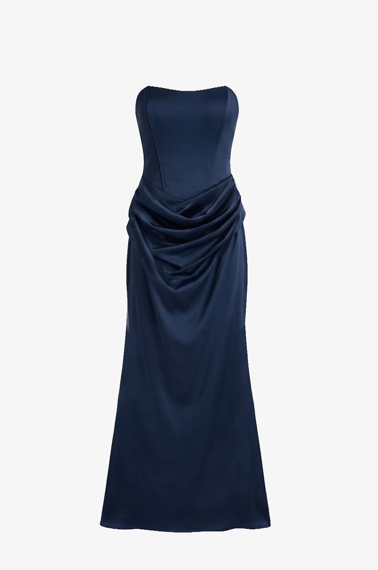 Lacivert Vesper Drape Detaylı Straplez Elbise