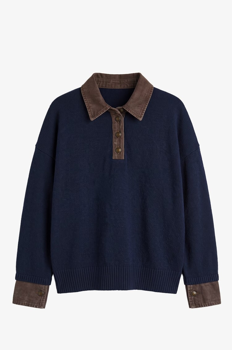 Lacivert Yakası Kolları Denim Detaylı Kazak