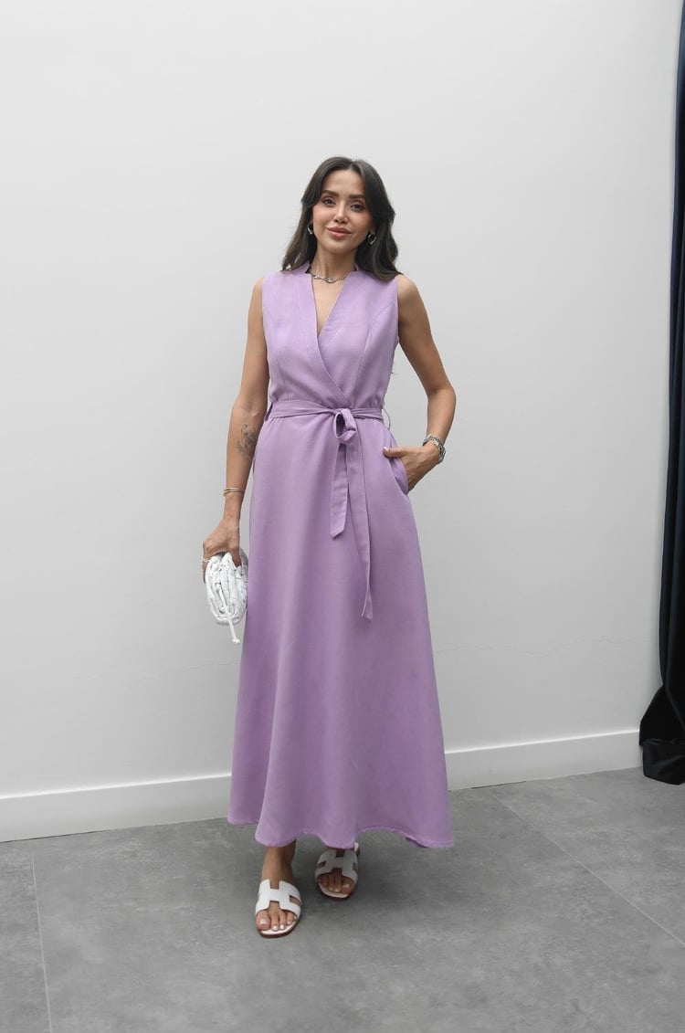 Lila Loya Kuşaklı Keten Elbise