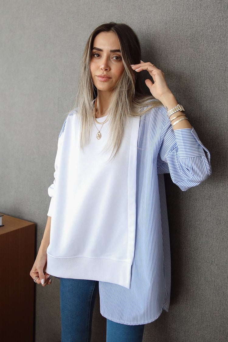 Mavi Çizgili Gömlek Sweatshirt